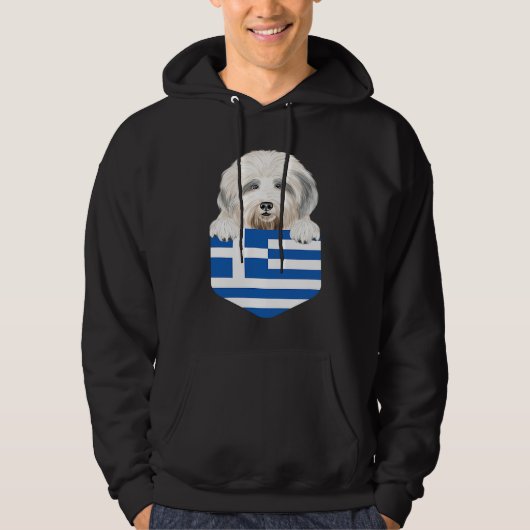 Greece Flag Old English Sheepdog Dog In Pocket Hoodie (Voorkant)