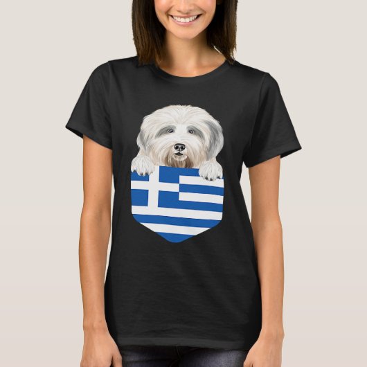 Greece Flag Old English Sheepdog Dog In Pocket T-shirt (Voorkant)