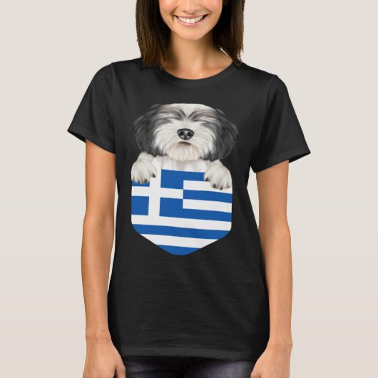 Greece Flag Polish Lowland Sheepdog Dog In Pocket T-shirt (Voorkant)