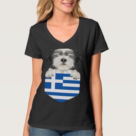 Greece Flag Polish Lowland Sheepdog Dog In Pocket T-shirt (Voorkant)