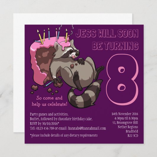 Greedy Raccoon verjaardagsfeestje taart Cartoon Kaart (Voorkant / Achterkant)