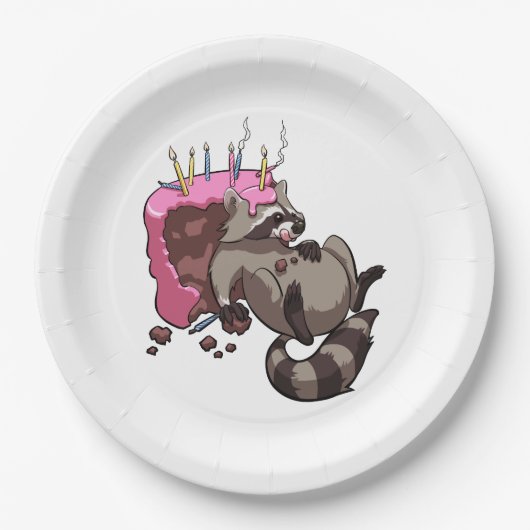 Greedy Raccoon vol met Birthday Cake Cartoon Papieren Bordje (Voorkant)