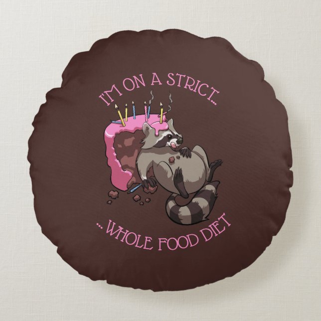 Greedy Raccoon vol met Birthday Cake Cartoon Rond Kussen (Voorkant)