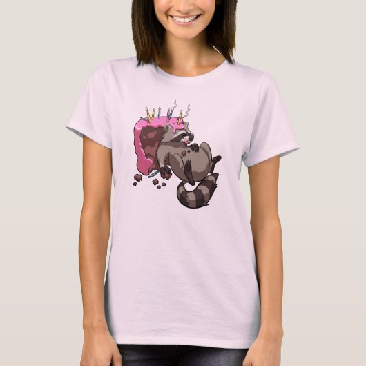 Greedy Raccoon vol met Birthday Cake Cartoon T-shirt (Voorkant)