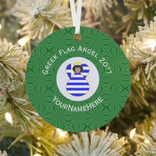Greek Flag Angel Green White Year Name Round Metalen Ornament