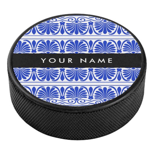 Greek Fret Arabesque blauw, Jouw naam, personalise Hockey Puck (3/4)