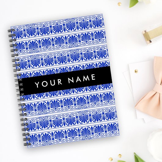 Greek Fret Arabesque blauw, Jouw naam, personalise Notitieboek