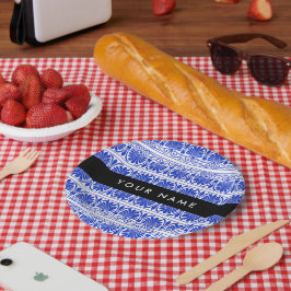 Greek Fret Arabesque blauw, Jouw naam, personalise Papieren Bordje