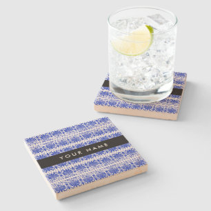 Greek Fret Arabesque blauw, Jouw naam, personalise Stenen Onderzetter