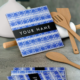 Greek Fret Arabesque blauw, Jouw naam, personalise Tegeltje