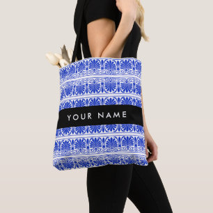 Greek Fret Arabesque blauw, Jouw naam, personalise Tote Bag