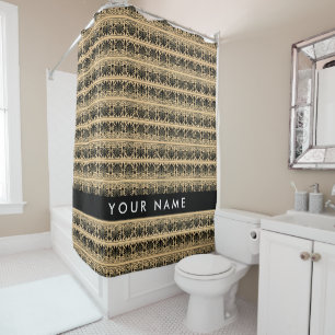 Greek Fret Arabesque Brown, Jouw naam, personalise Douchegordijn