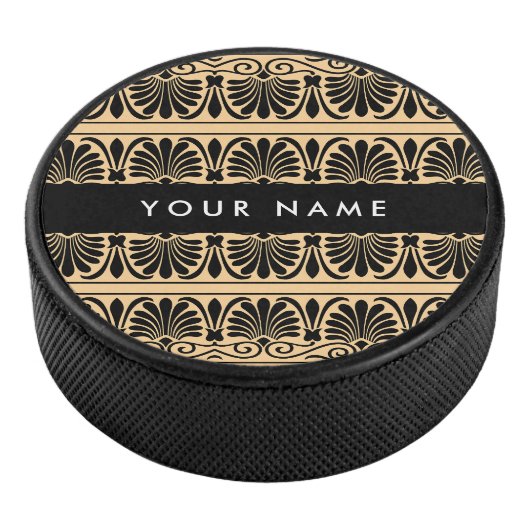 Greek Fret Arabesque Brown, Jouw naam, personalise Hockey Puck (3/4)