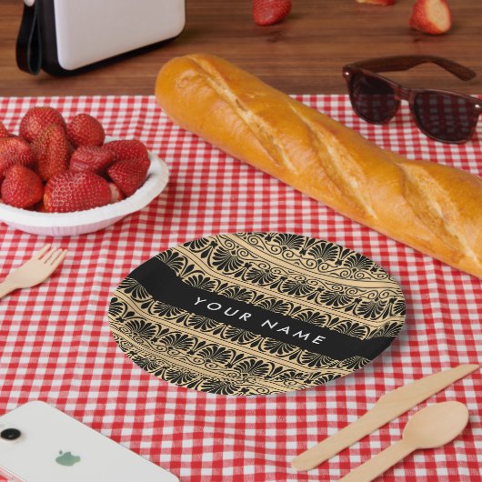 Greek Fret Arabesque Brown, Jouw naam, personalise Papieren Bordje (Picknick)