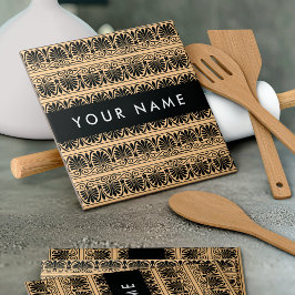 Greek Fret Arabesque Brown, Jouw naam, personalise Tegeltje
