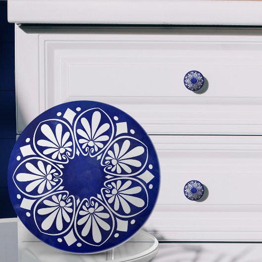 Greek Key Ornament - Blauw en wit Keramische Knop