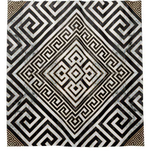 Greek Meander - Greek Key Black and White Marble Douchegordijn (Voorkant)