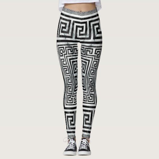 Greek Meander - Greek Key Black and White Marble Leggings (Voorkant)
