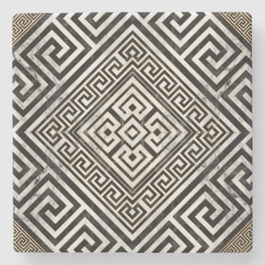 Greek Meander - Greek Key Black and White Marble Stenen Onderzetter (Voorkant)