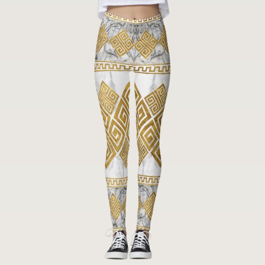 Greek Meander - Greek Key White Marble and Gold Leggings (Voorkant)