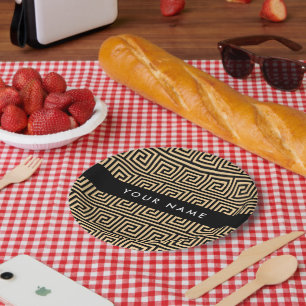 Greek Meander Key Brown, Jouw naam, Personaliseer Papieren Bordje