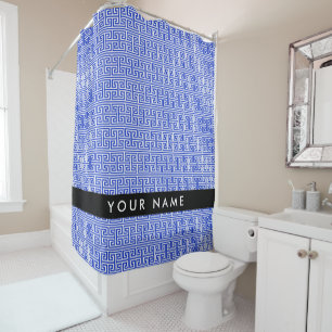 Greek Meander Key H Blauw, Jouw naam, Personalisee Douchegordijn