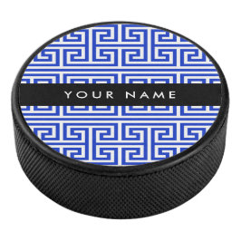 Greek Meander Key H Blauw, Jouw naam, Personalisee Hockey Puck