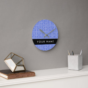 Greek Meander Key H Blauw, Jouw naam, Personalisee Ronde Klok