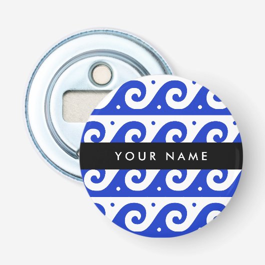 Greek Meander Key, Wave Key, Blauw, Jouw naam Button Flesopener (Voorkant)