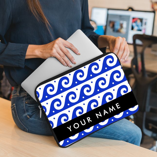 Greek Meander Key, Wave Key, Blauw, Jouw naam Laptop Sleeve (Creator heeft geüpload)