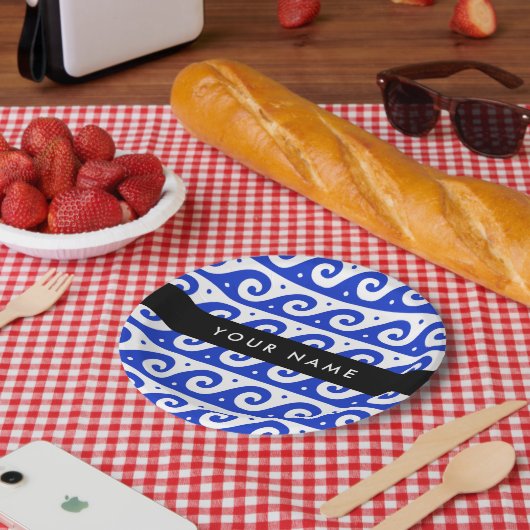 Greek Meander Key, Wave Key, Blauw, Jouw naam Papieren Bordje (Picknick)