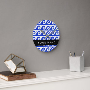 Greek Meander Key, Wave Key, Blauw, Jouw naam Ronde Klok