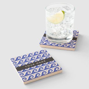 Greek Meander Key, Wave Key, Blauw, Jouw naam Stenen Onderzetter