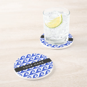 Greek Meander Key, Wave Key, Blauw, Jouw naam Zandsteen Onderzetter