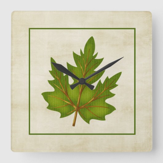 Green 2 Leaf Herfst Season Thormed Square Clock Vierkante Klok (Voorkant)
