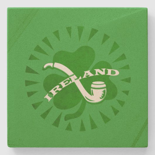 Green 3 Leaf Shamrock Pipe and Irland Text Stenen Onderzetter (Voorkant)