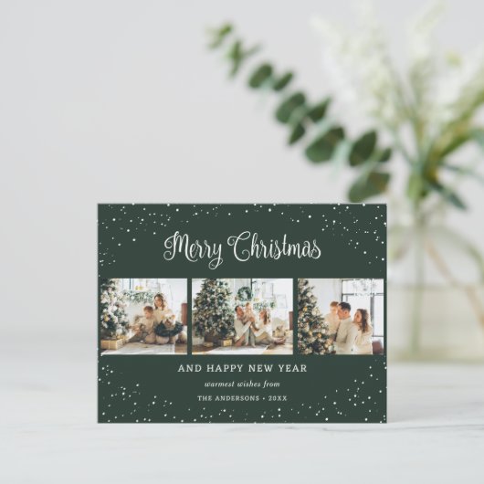 Green 3 Photo Collage Sneeuw Minimalist Feestdagenkaart (Staand voorkant)
