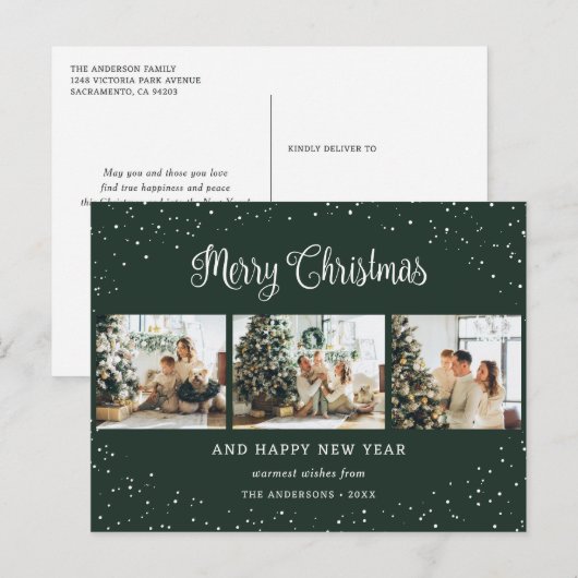 Green 3 Photo Collage Sneeuw Minimalist Feestdagenkaart (Voorkant / Achterkant)