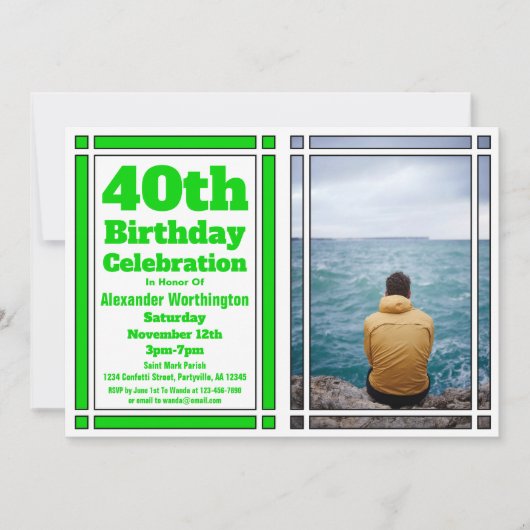 Green 40th Photo Birthday Invitation Kaart (Voorkant)