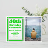 Green 40th Photo Birthday Invitation Kaart (Staand voorkant)