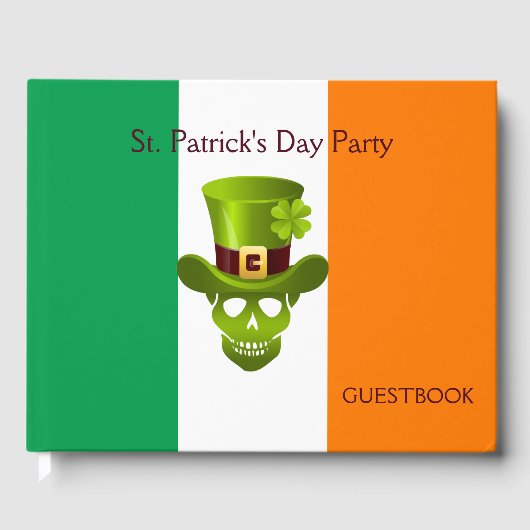 Green 4 Leaf Shamrock Skull met Pet Gastenboek (Voorkant)