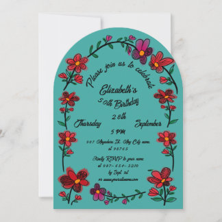 Green 50th Birthday Party Whimsical Doodle Flowers Kaart