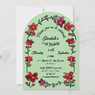 Green 60th Birthday Party Whimsical Doodle Flowers Kaart
