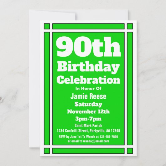 Green 90th Birthday Party Kaart (Voorkant)