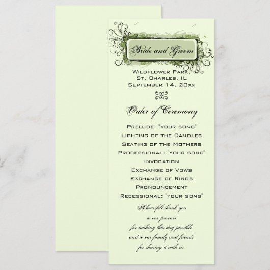 Green Abstract Floral Wedding Programme Programmakaart (Voorkant / Achterkant)