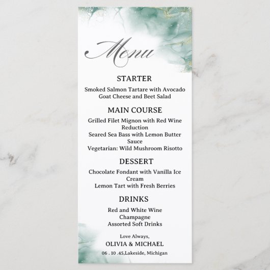  Green Abstract Watercolor Wash Wedding Menu Card (Voorkant)