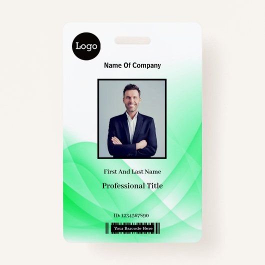 Green Abstract Wave Business Foto-ID Badge (Voorkant)
