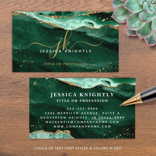 Green Agate Geode Monogram Gold Script Visitekaartje