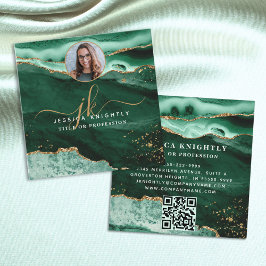Green Agate Gold Glitter Script Foto QR Vierkante Visitekaartje
