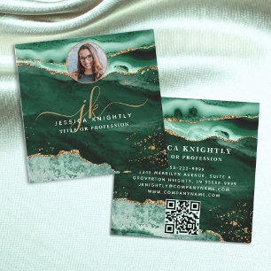 Green Agate Gold Glitter Script Foto QR Vierkante Visitekaartje